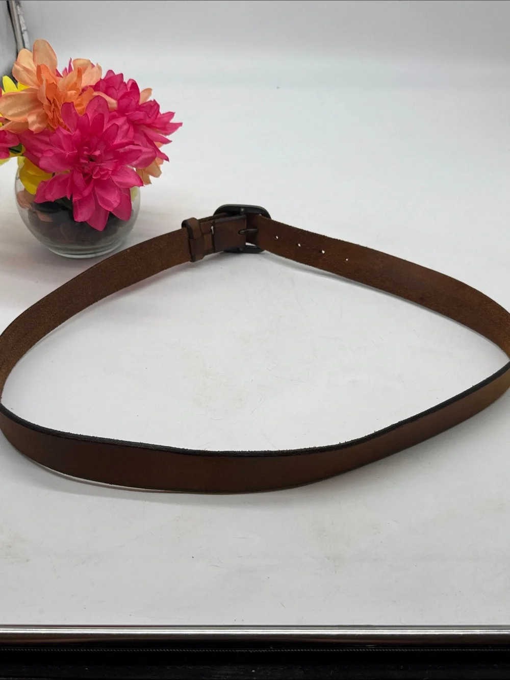 Classic Brown Leather Mens Belt with Matte Gunmetal Buckle Size 42